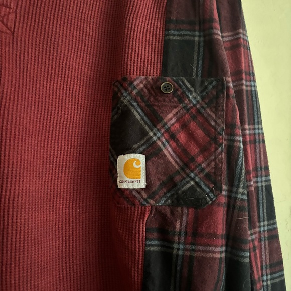 Stone & Willow Co. Carhartt Maroon Henley with Plaid Sleeves Flannel Rework - Picture 2 of 4